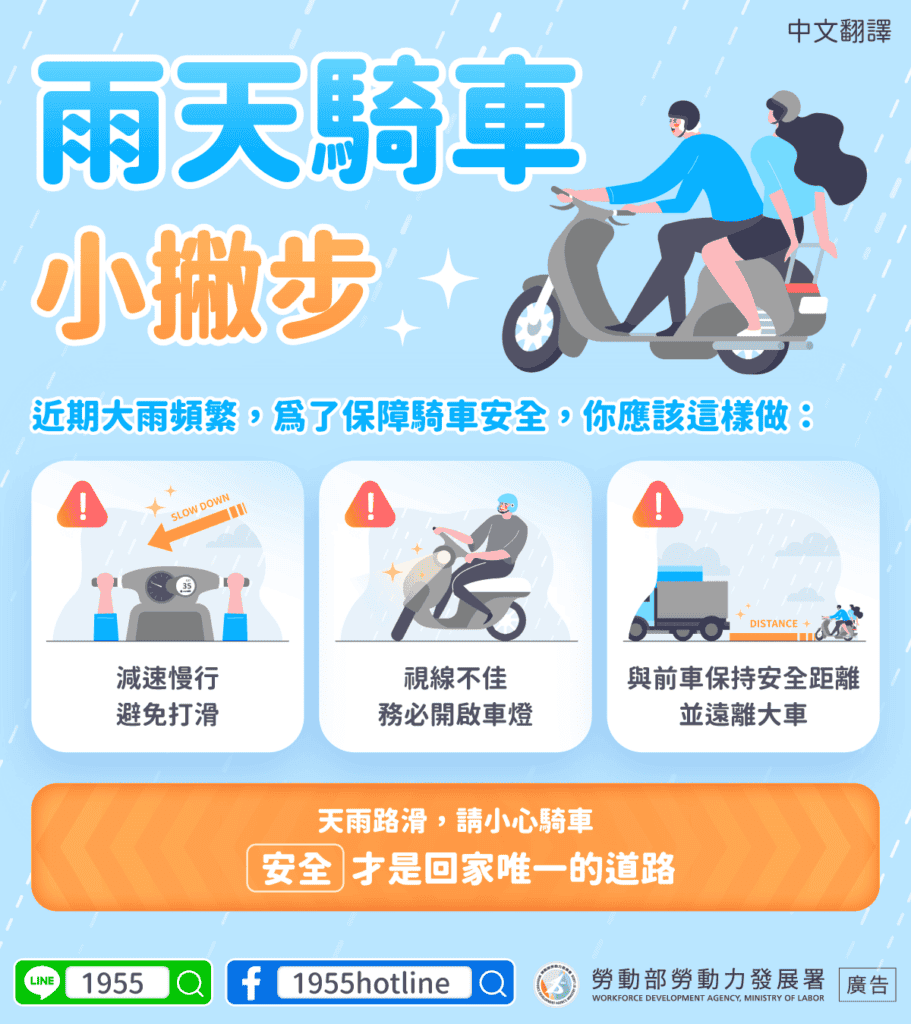 移工宣導｜雨天騎車小撇步-多國語言示意圖