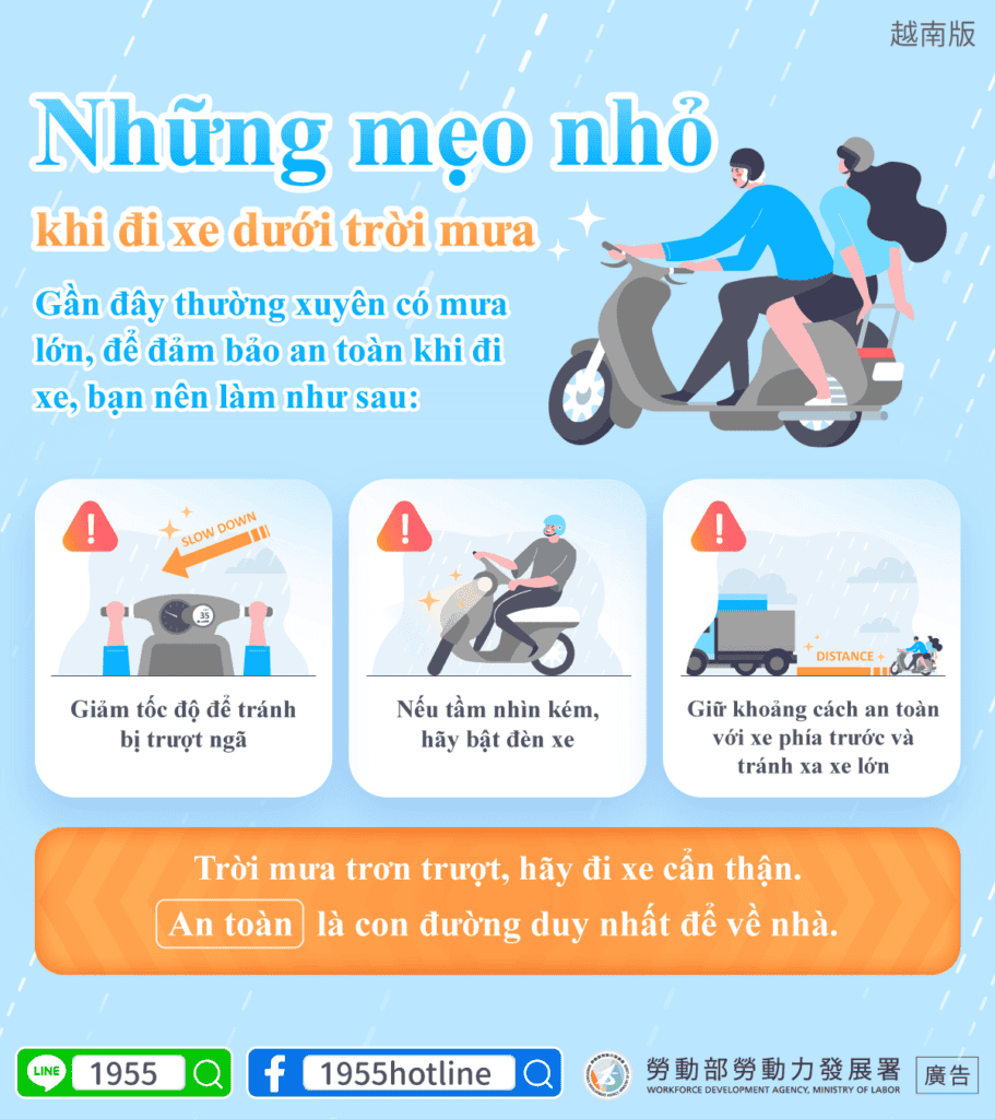移工宣導｜雨天騎車小撇步-多國語言示意圖