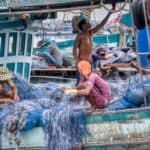 多國外勞在漁船上整理海洋漁網，展現全球外勞集團工作狀況。.