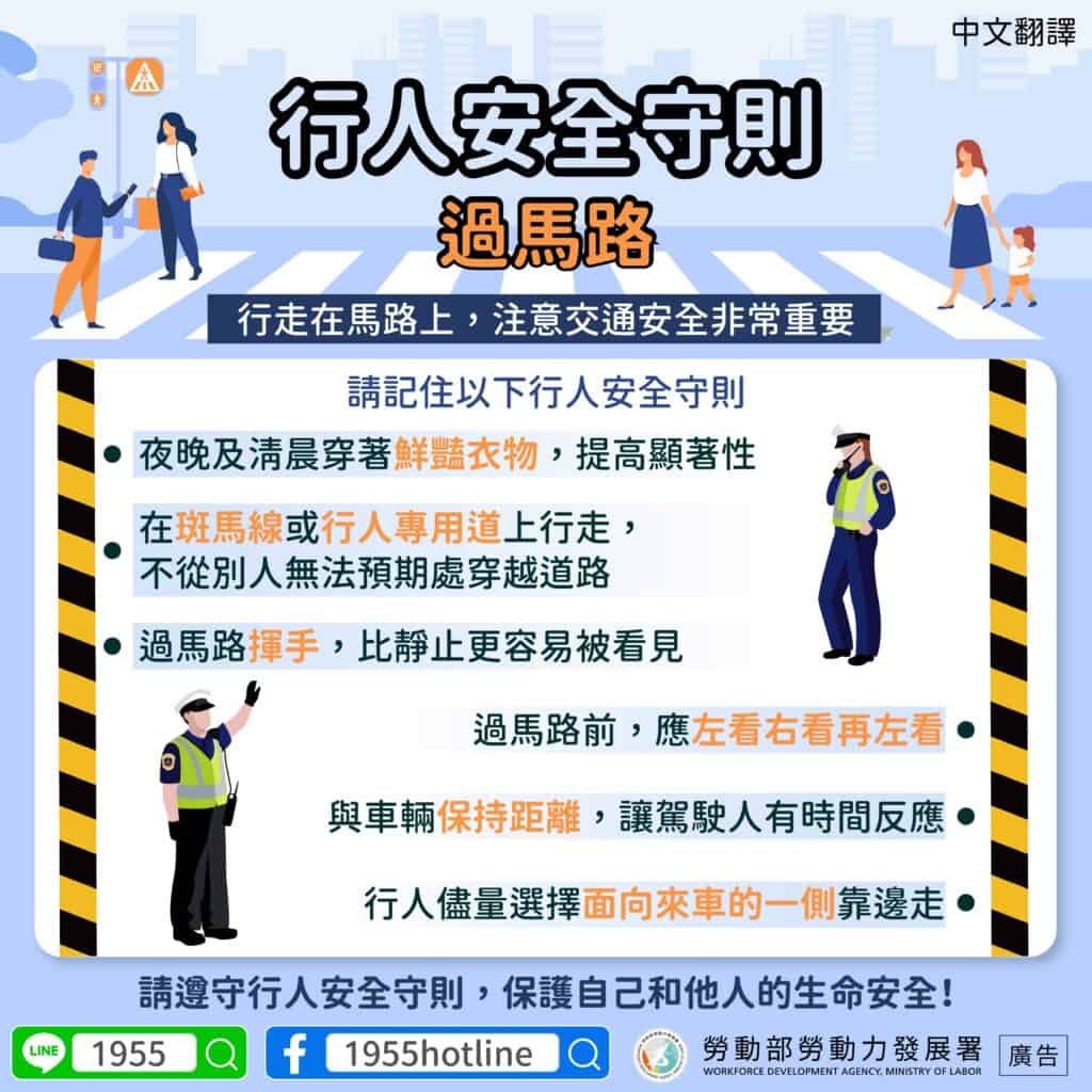 移工宣導｜行人安全守則 過馬路-多國語示意圖