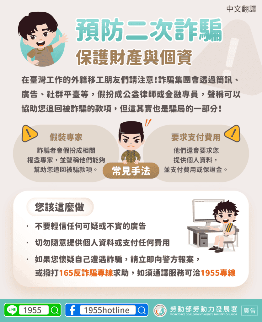 移工宣導｜預防二次詐騙-多國語示意圖