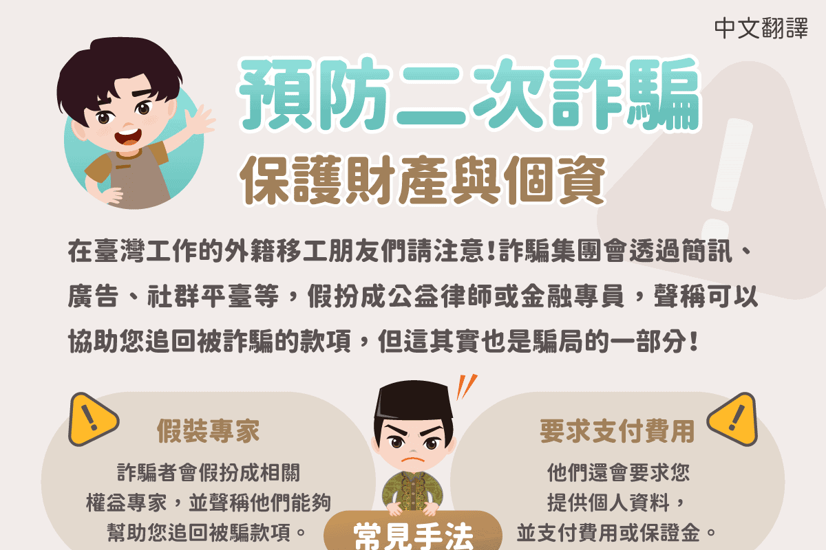 移工宣導｜預防二次詐騙-多國語示意圖