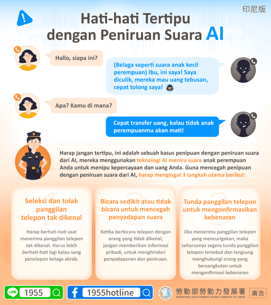 移工宣導｜小心 AI 仿聲詐騙-多國語示意圖