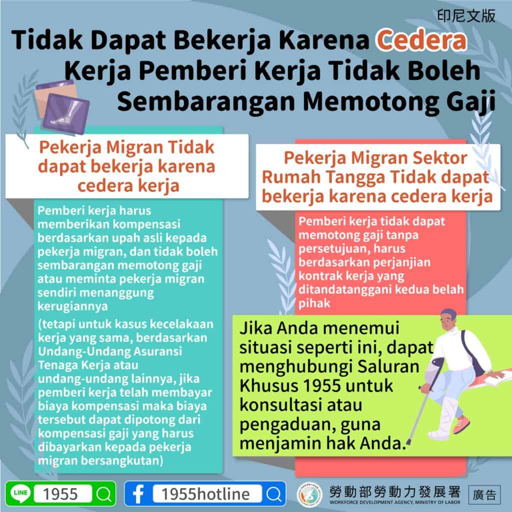 移工宣導｜工作受傷無法工作，雇主不能擅自扣薪-多國語示意圖