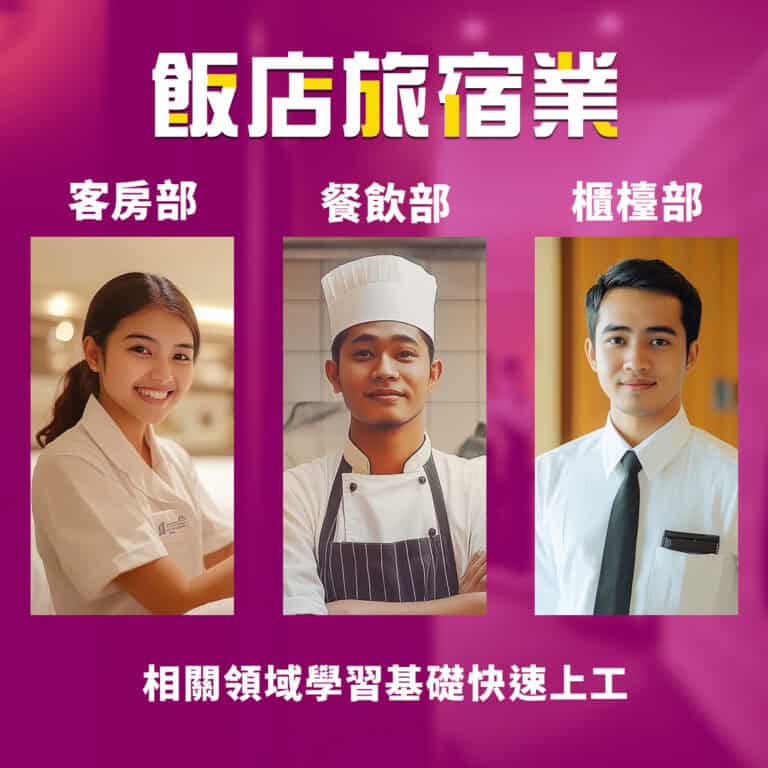 飯店服務業人才招聘與訓練，涵蓋客房、餐飲與櫃檯部門，專業外勞培訓提供全方位支持。.