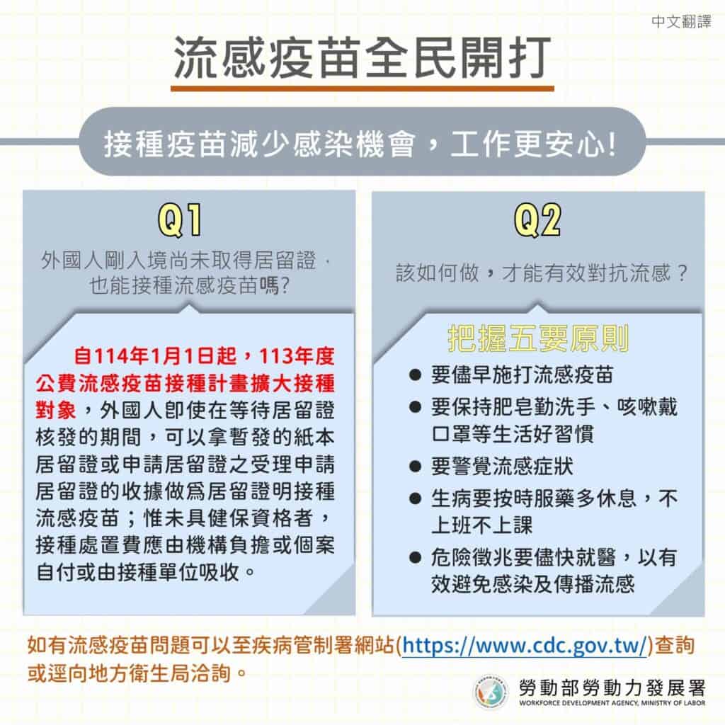 移工宣導｜流感疫苗全民開打-114年1月1日起，113年度公費流感疫苗接種計畫擴大接種對象-多國語示意圖