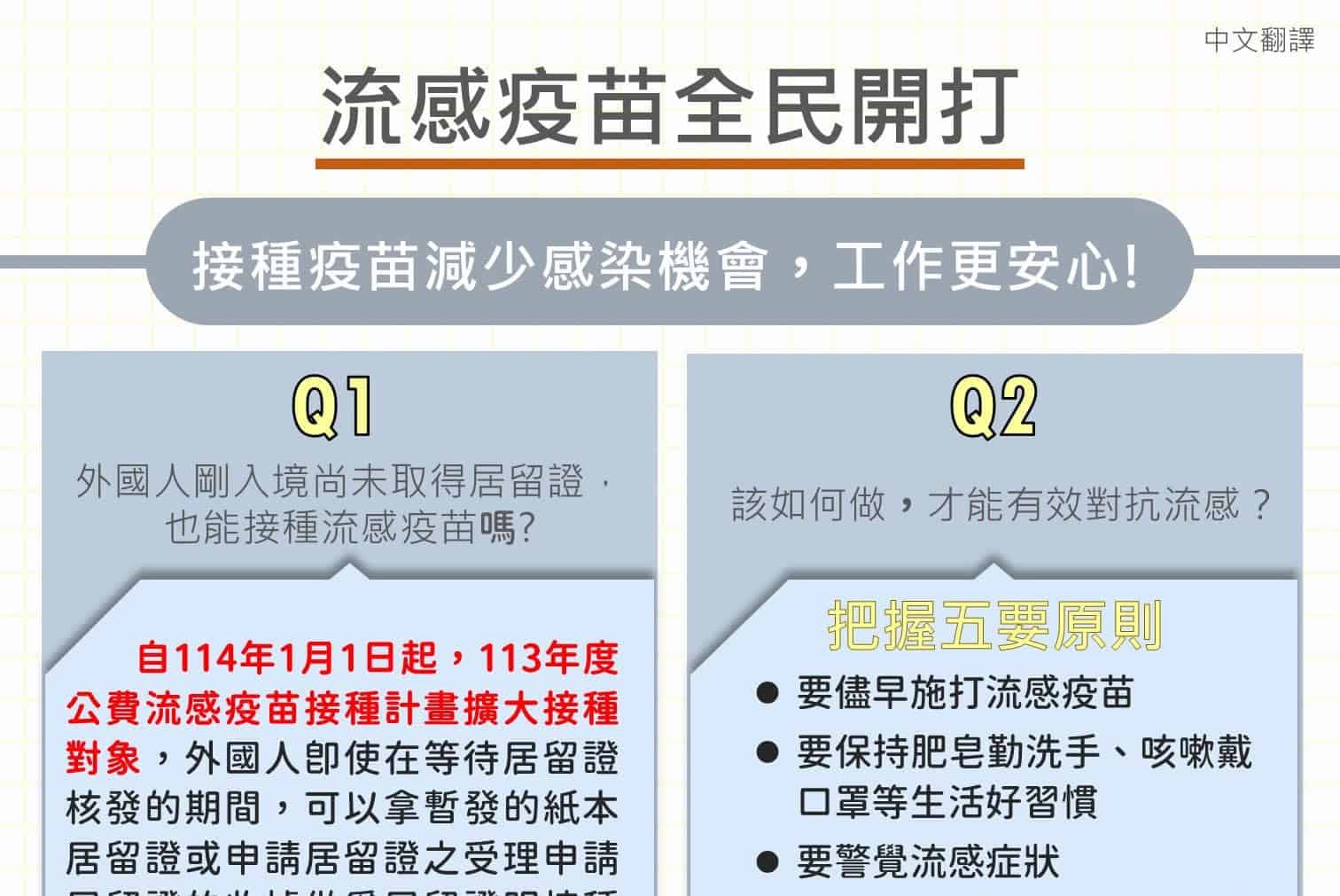 移工宣導｜流感疫苗全民開打-114年1月1日起，113年度公費流感疫苗接種計畫擴大接種對象-多國語示意圖