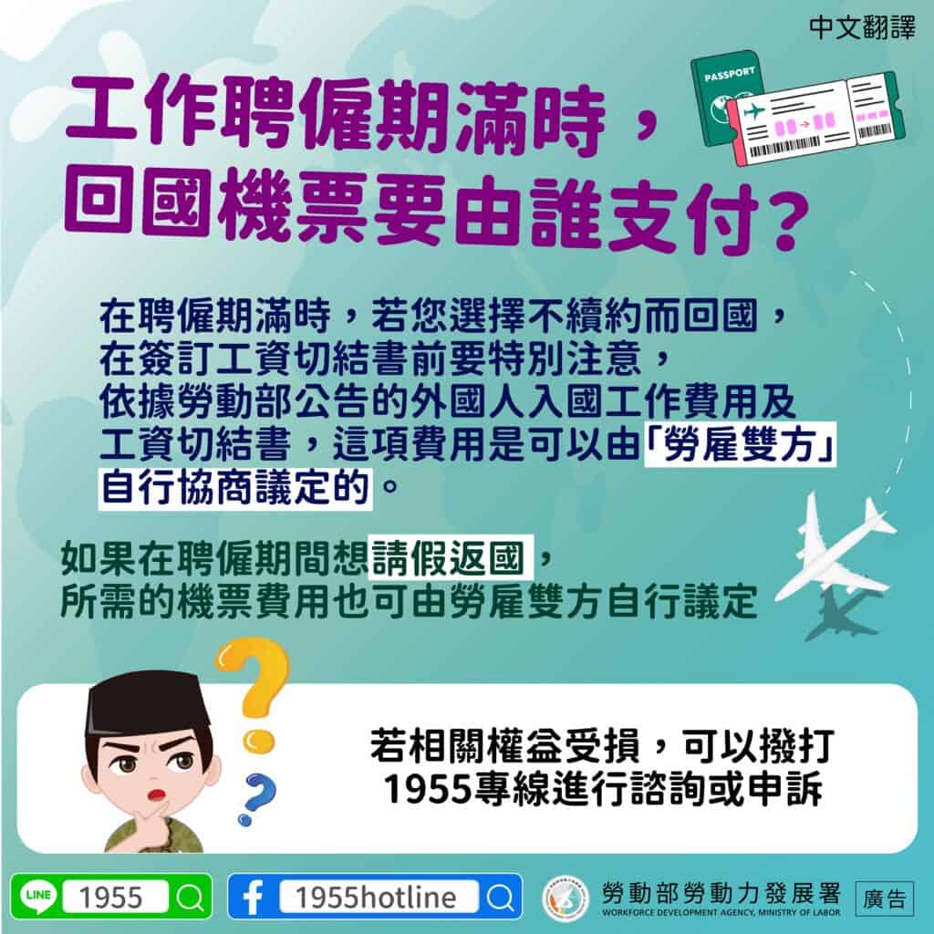 移工宣導｜工作聘僱期滿時，回國機票要由誰支付？-多國語示意圖