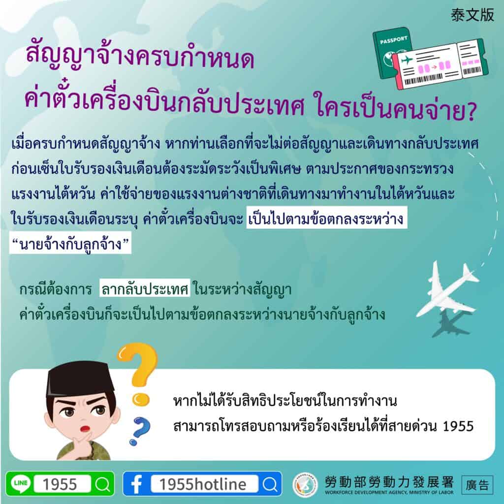移工宣導｜工作聘僱期滿時，回國機票要由誰支付？-多國語示意圖