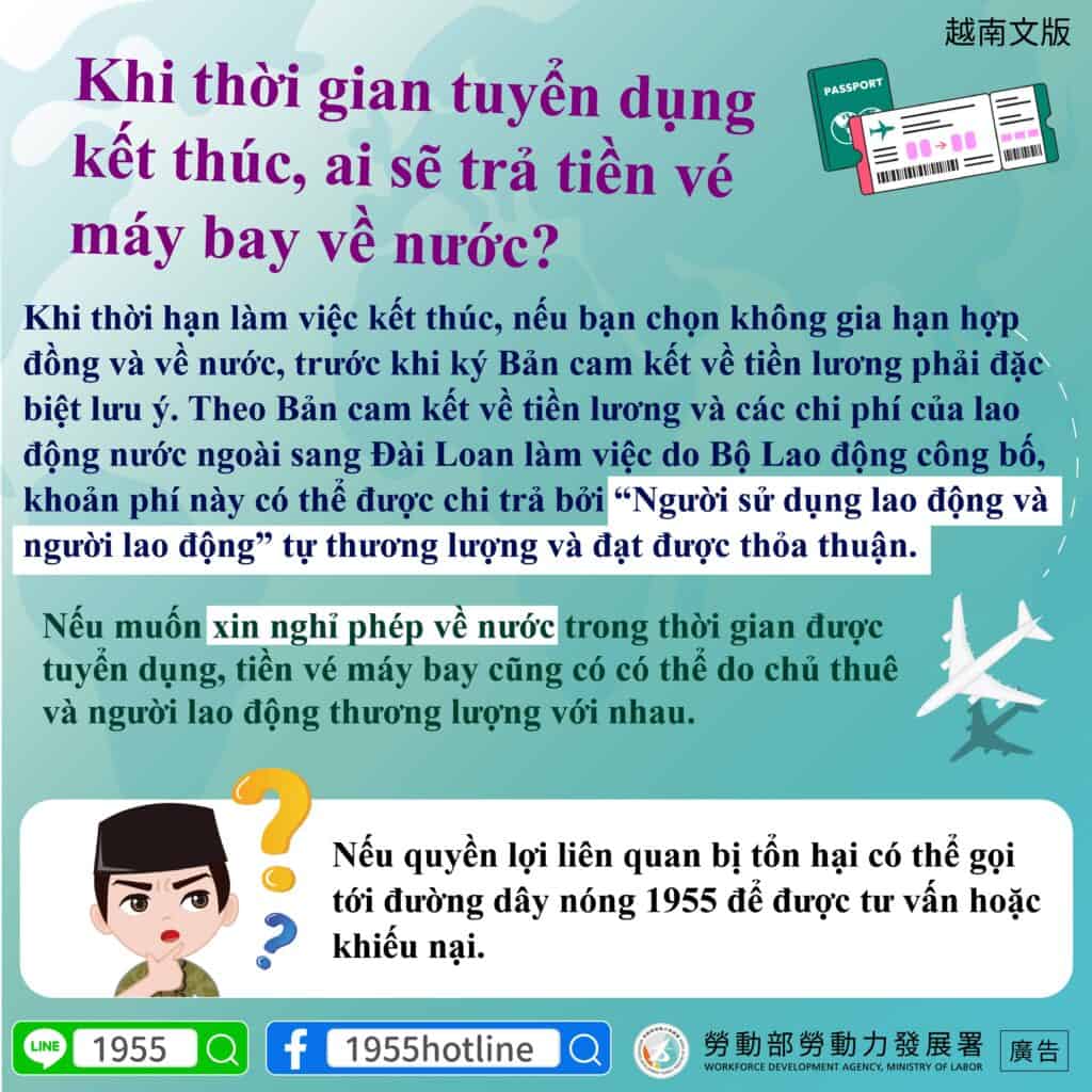 移工宣導｜工作聘僱期滿時，回國機票要由誰支付？-多國語示意圖