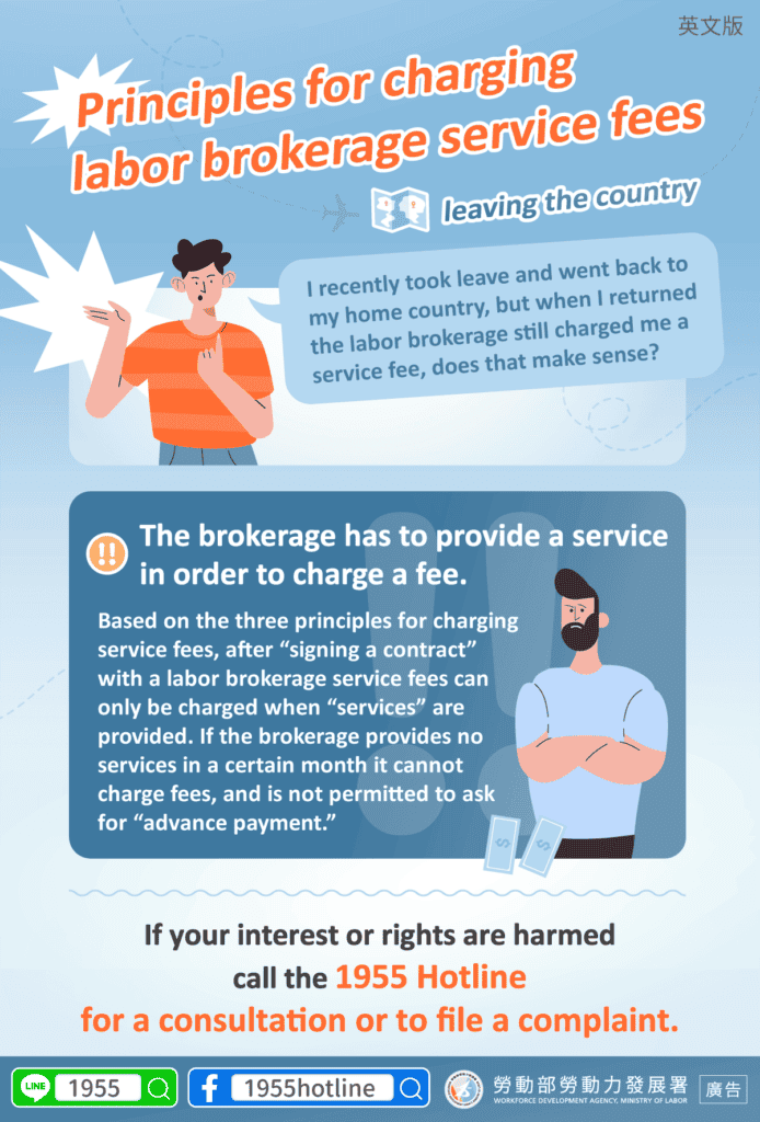 移工宣導｜仲介服務費收取原則(出國篇)-多國語示意圖
