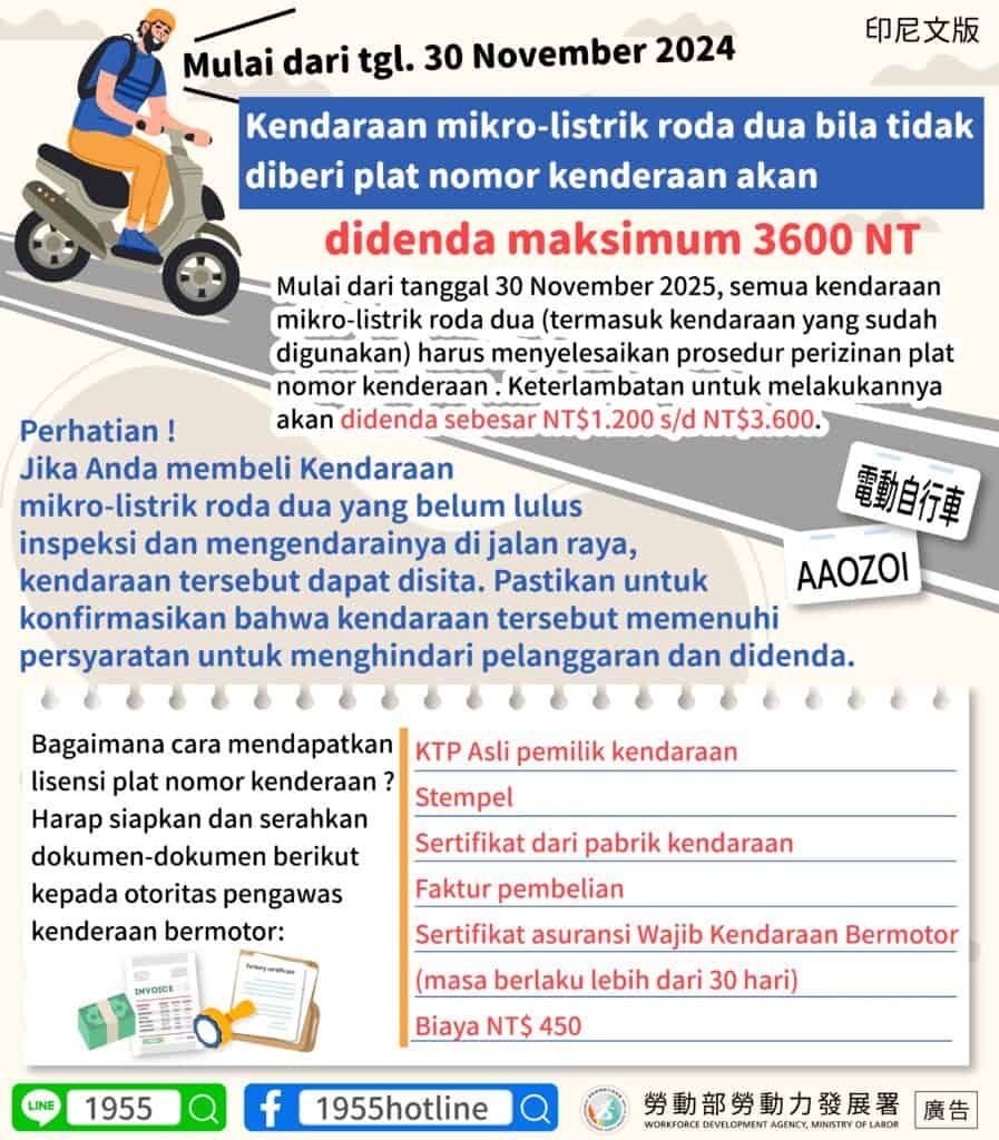 移工宣導｜113年11月30日起，微型電動二輪車不上牌，罰款最高3,600元！-多國語示意圖