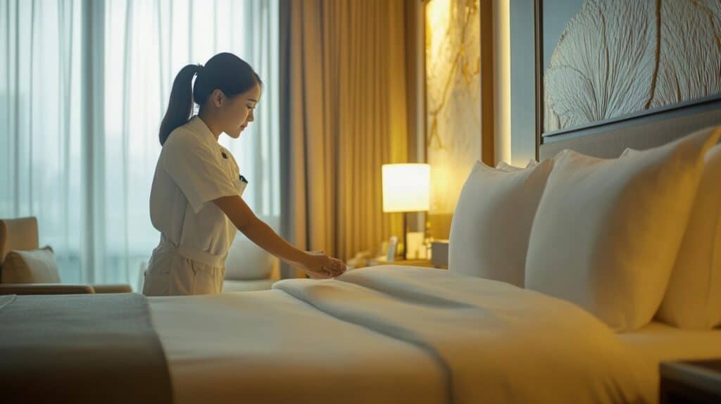 清潔服務員整理酒店大床，展現專業與熱情服務的工作場景。.