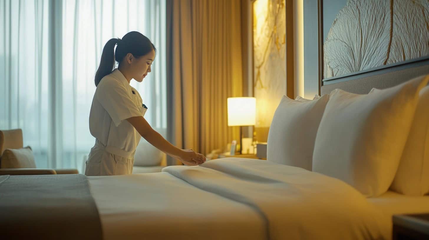 清潔服務員整理酒店大床，展現專業與熱情服務的工作場景。.