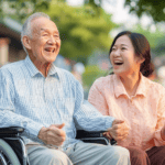 老人與年輕女性在公園快樂交談，展現陪伴與溫馨的畫面。.