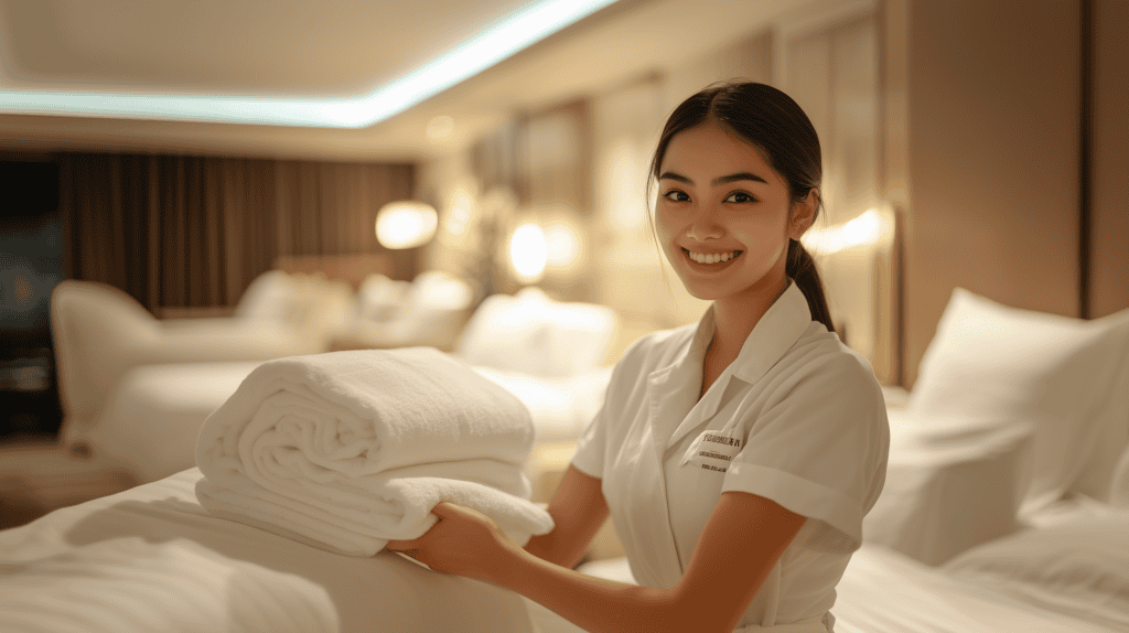 外國勞工在酒店提供清潔服務的專業服務人員.