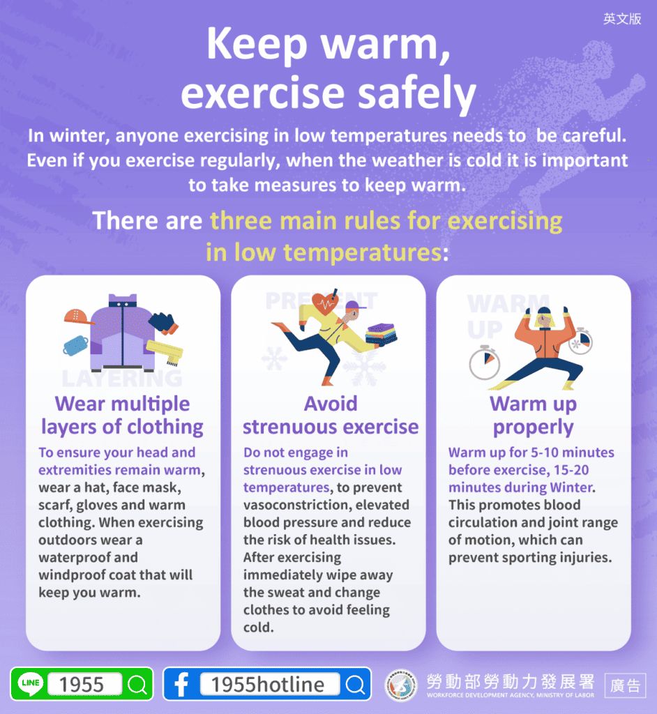 移工宣導｜保持暖和，安全運動！【低溫運動守則】-多國語示意圖