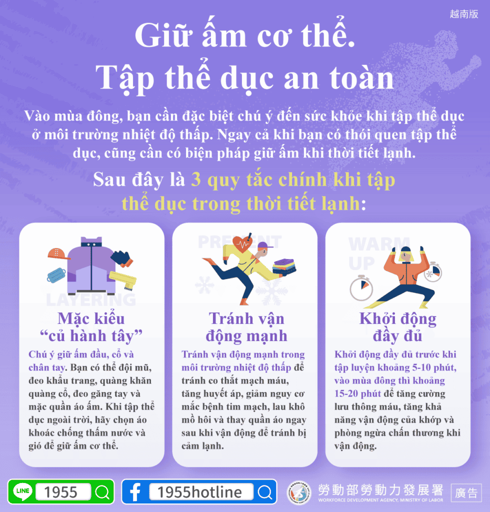 移工宣導｜保持暖和，安全運動！【低溫運動守則】-多國語示意圖