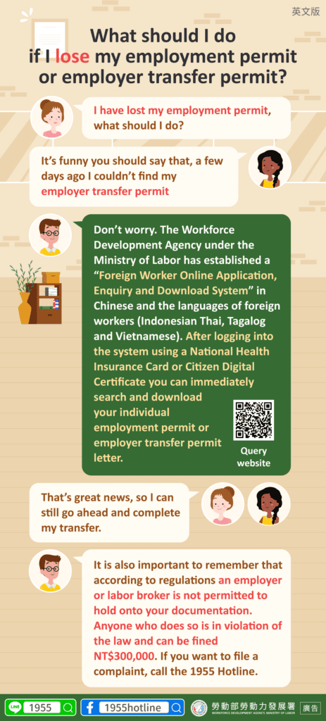 外籍移工｜聘僱許可或轉換雇主許可遺失了怎麼辦？-多國語示意圖