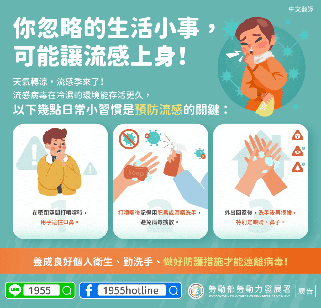 移工宣導｜你忽略的生活小事，可能讓流感上身！(健康)-多國語示意圖