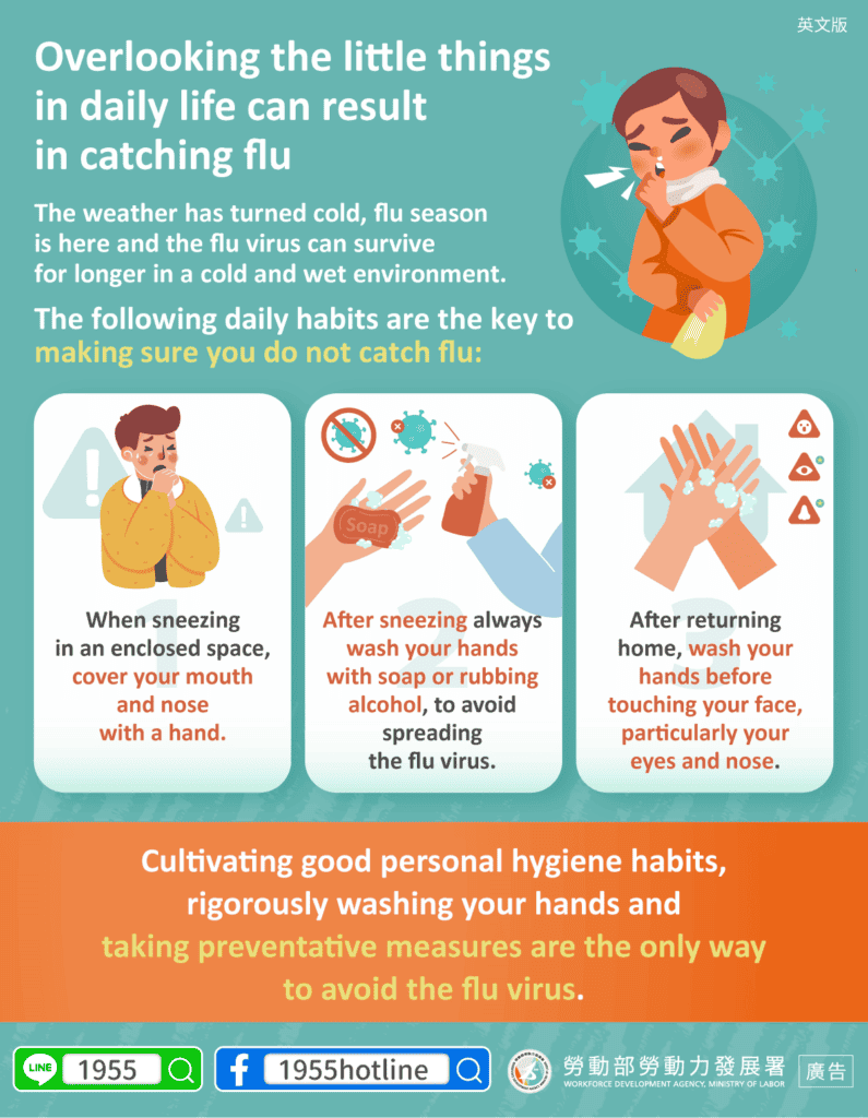 移工宣導｜你忽略的生活小事，可能讓流感上身！(健康)-多國語示意圖