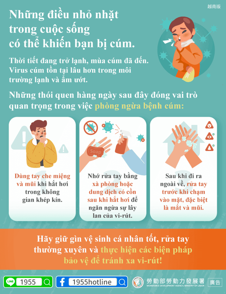 移工宣導｜你忽略的生活小事，可能讓流感上身！(健康)-多國語示意圖