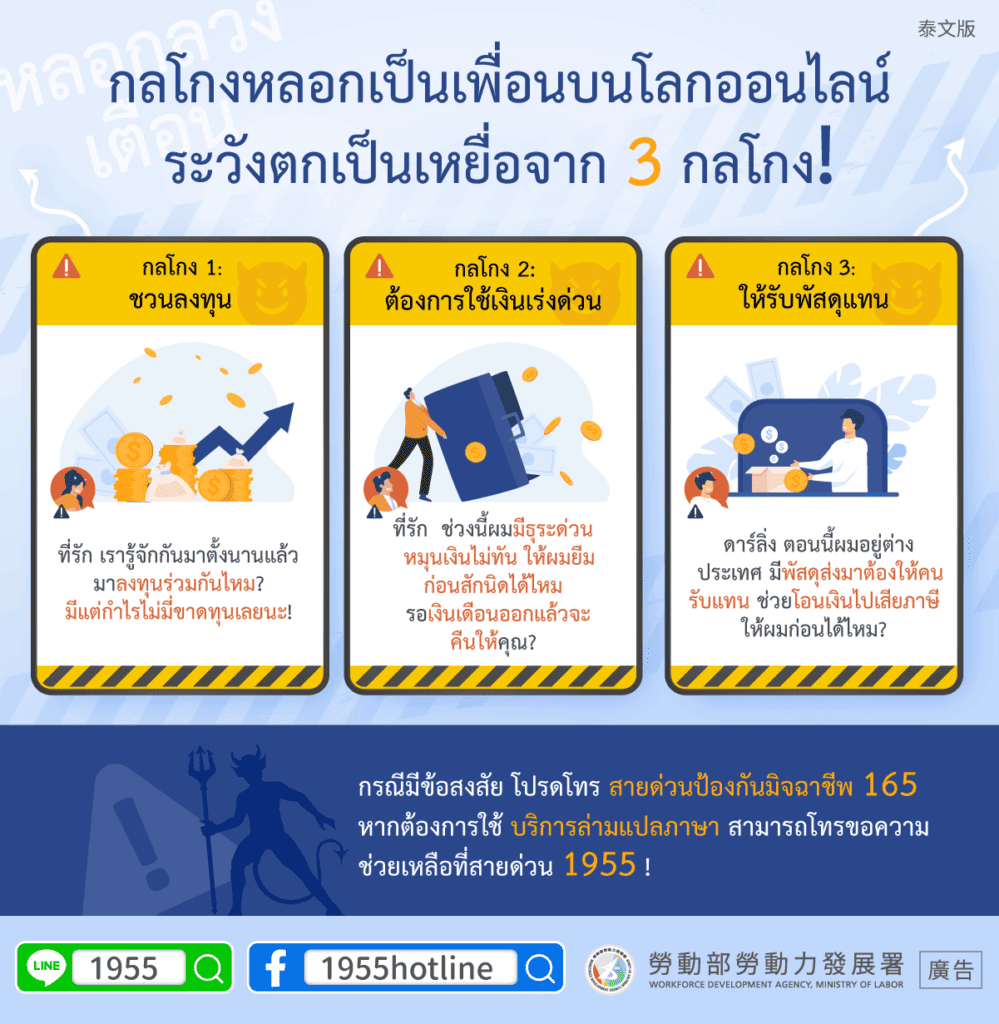 移工宣導｜3種常見網路交友詐騙-(詐騙)-多國語示意圖