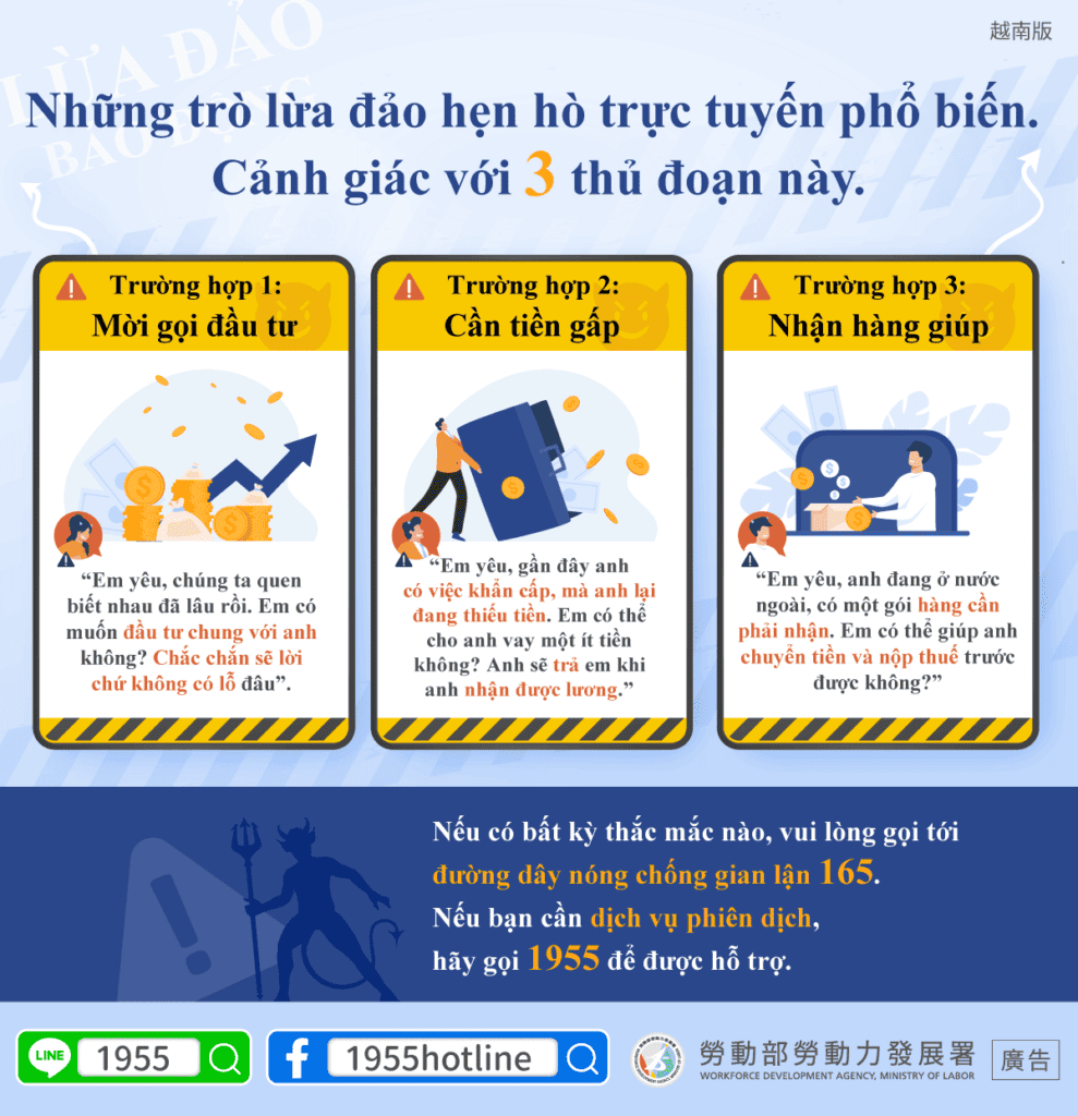 移工宣導｜3種常見網路交友詐騙-(詐騙)-多國語示意圖