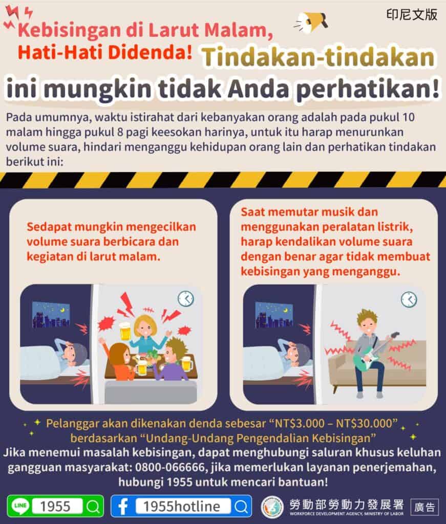 移工宣導｜深夜噪音小心被罰!這些行為你可能沒注意到-多國語示意圖