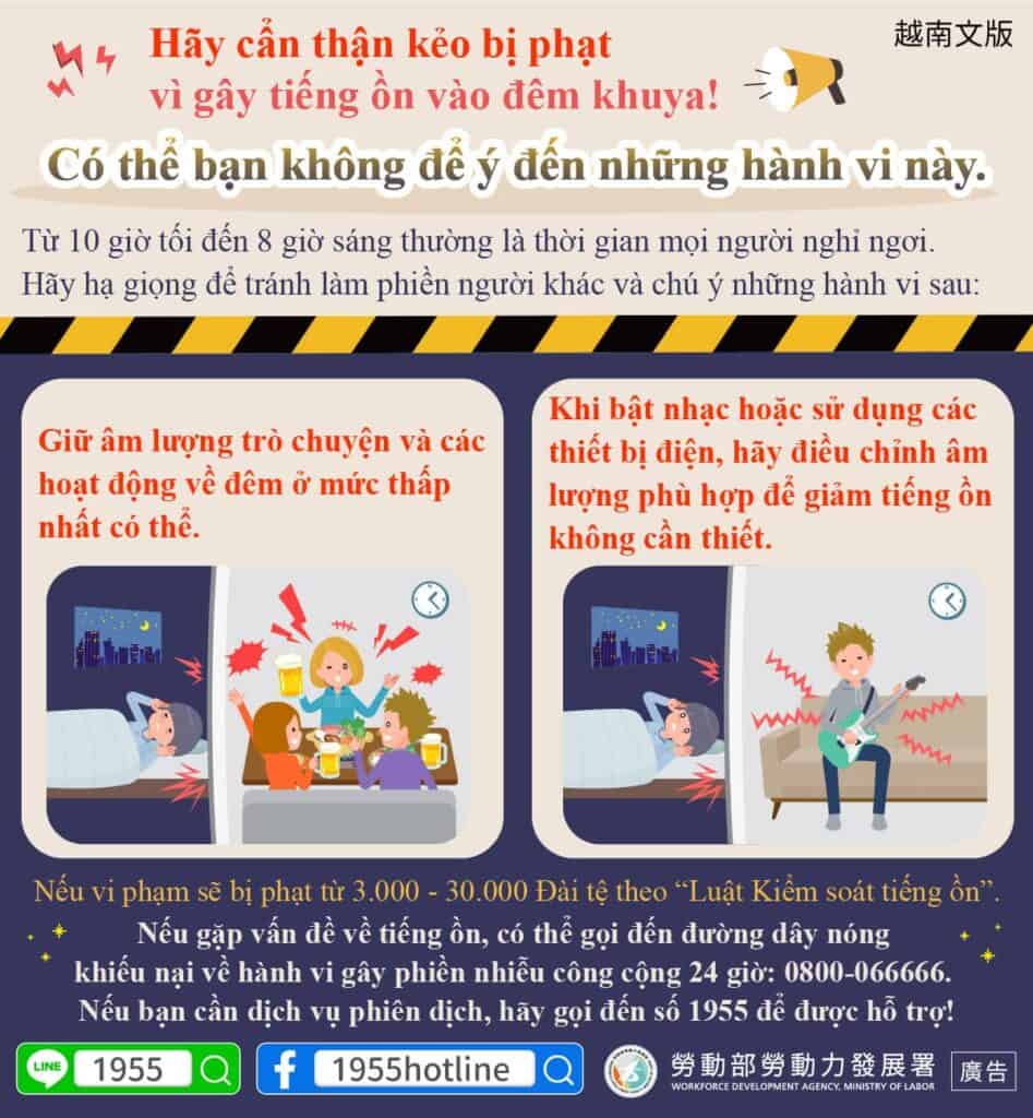 移工宣導｜深夜噪音小心被罰!這些行為你可能沒注意到-多國語示意圖