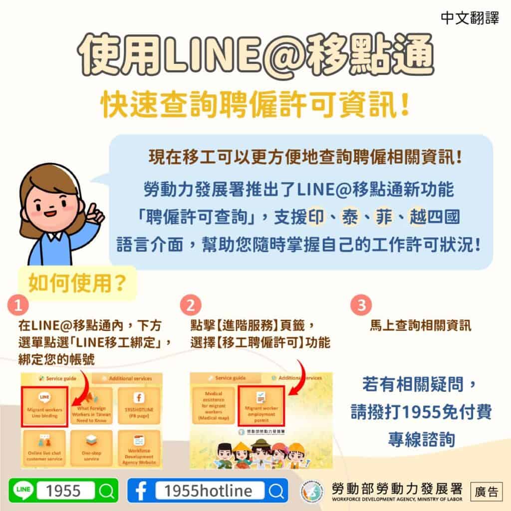 移工宣導｜使用LINE@移點通，快速查詢聘僱許可資訊!(聘僱)-多國語示意圖