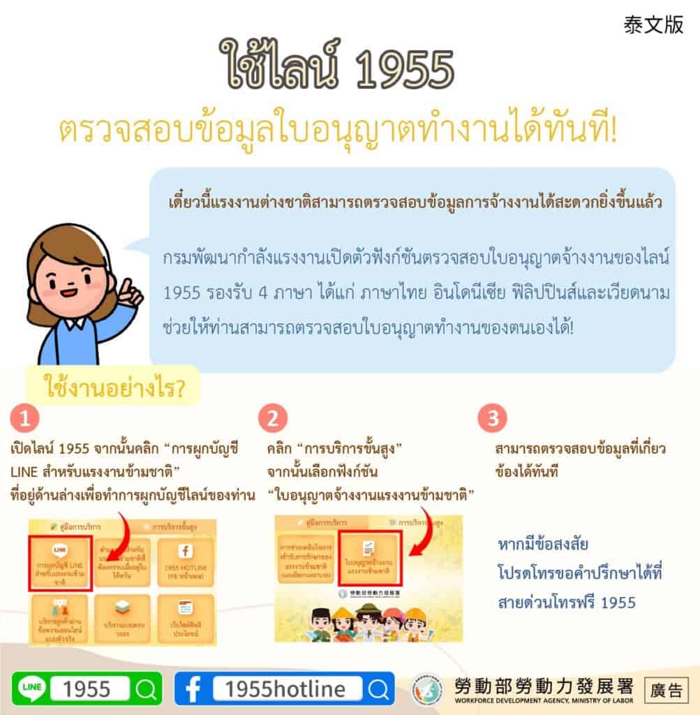 移工宣導｜使用LINE@移點通，快速查詢聘僱許可資訊!(聘僱)-多國語示意圖