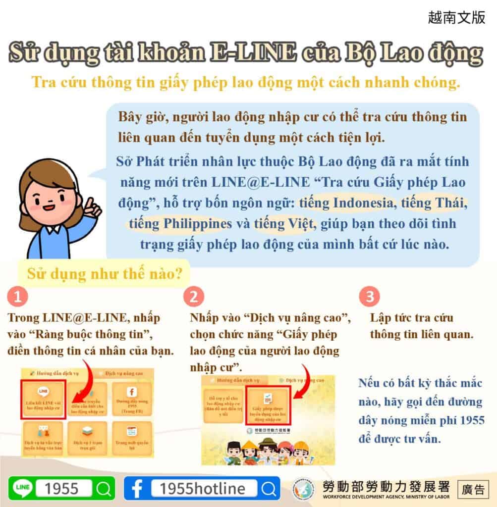 移工宣導｜使用LINE@移點通，快速查詢聘僱許可資訊!(聘僱)-多國語示意圖