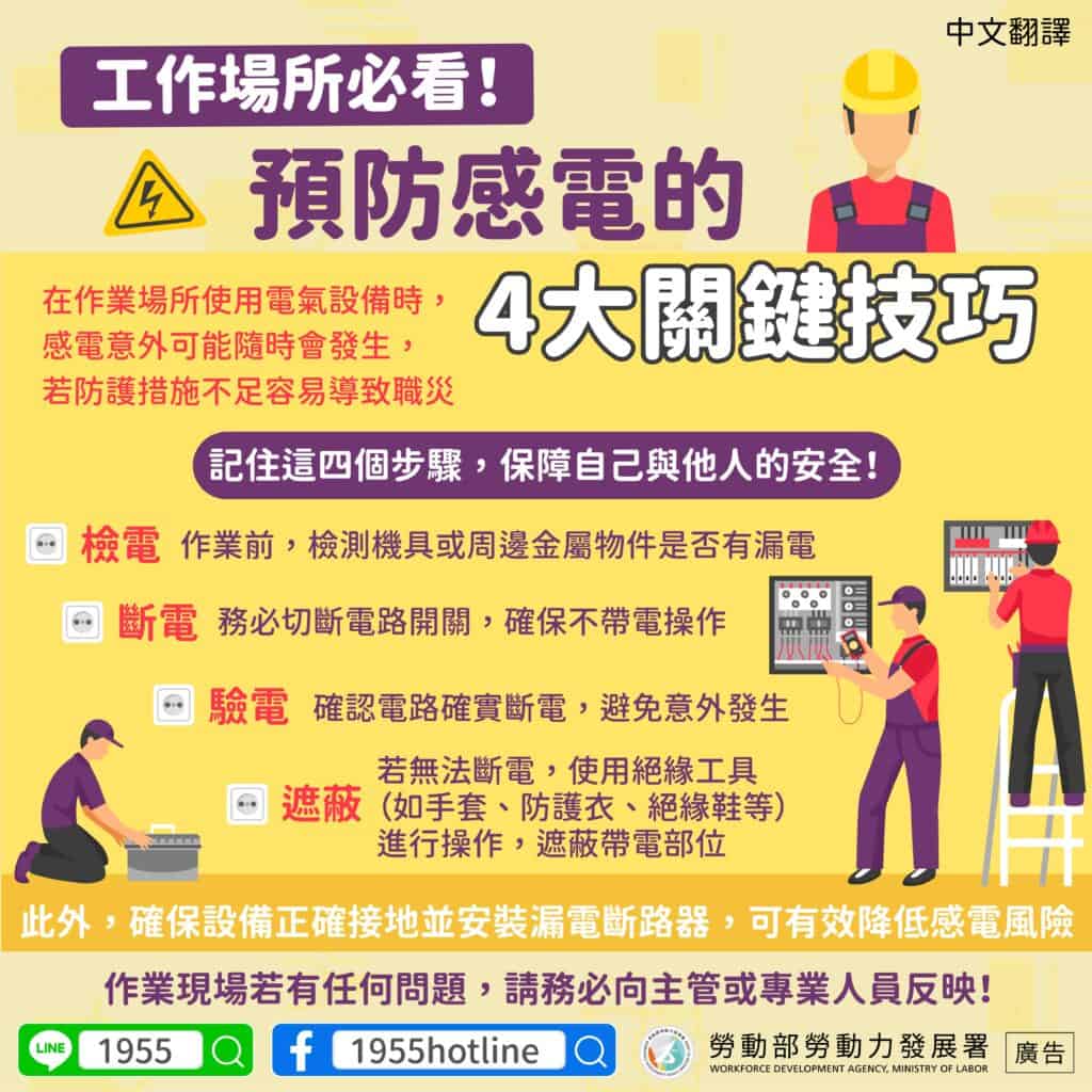 移工宣導｜工作場所必看!預防感電的4大關鍵技巧(工安)-多國語示意圖