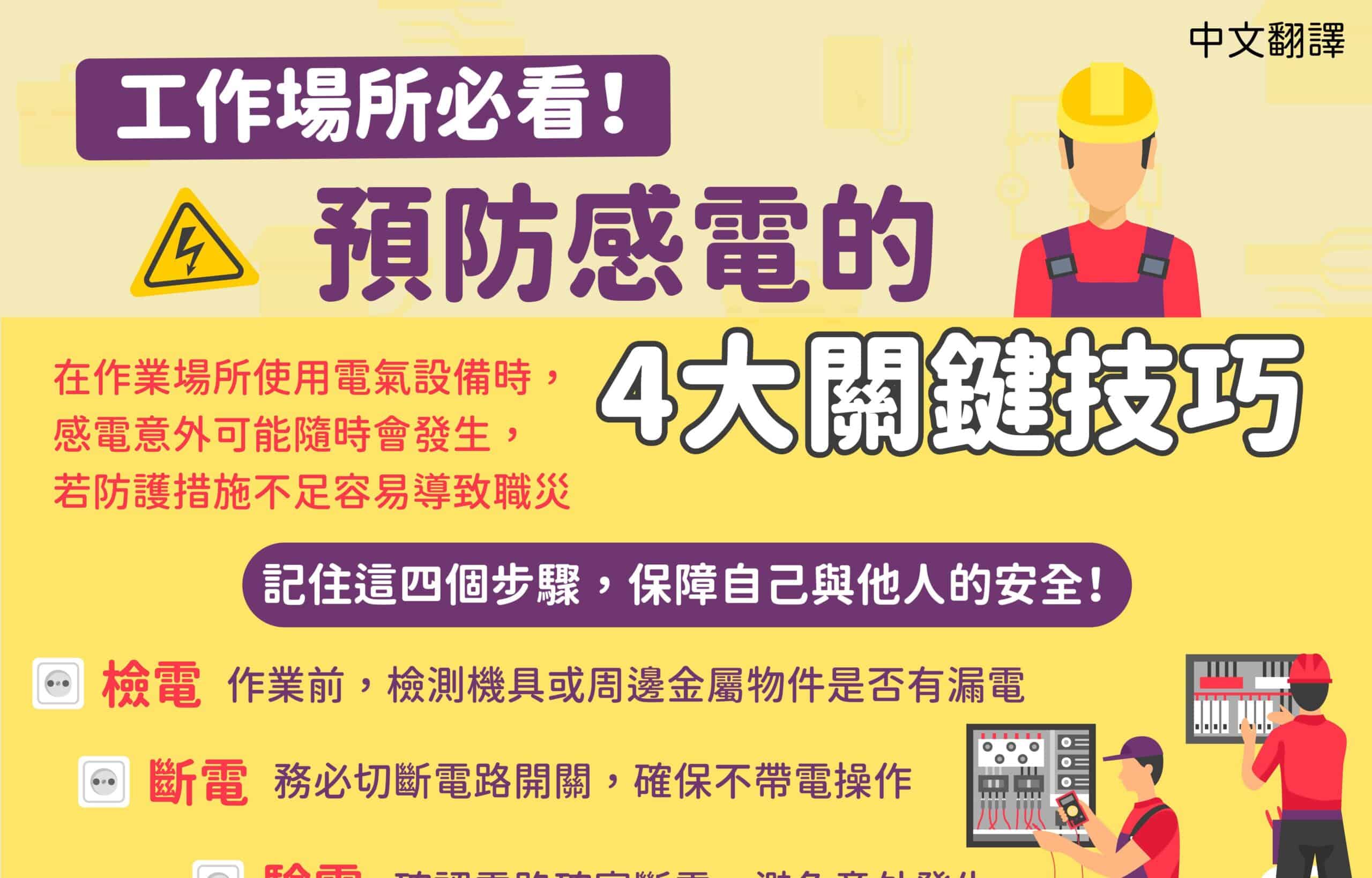 移工宣導|工作場所必看!預防感電的4大關鍵技巧(工安)-多國語 移工宣導|工作場所必看!預防感電的4大關鍵技巧(工安)-多國語示意圖