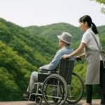 陪伴長者戶外散步，展現優質外勞服務與關懷，促進身心健康。.