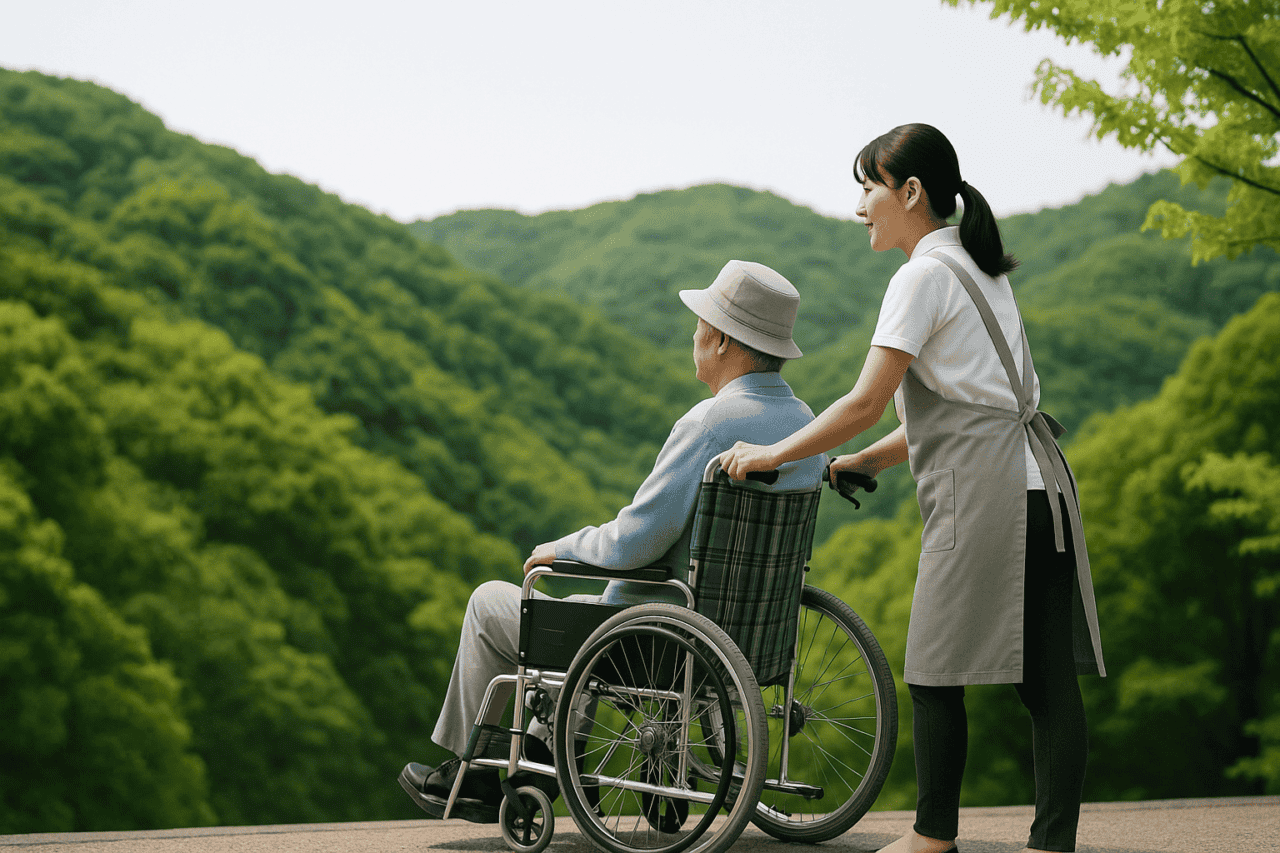 陪伴長者戶外散步，展現優質外勞服務與關懷，促進身心健康。.