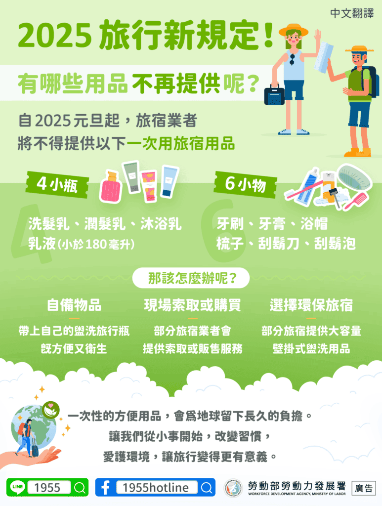 移工宣導｜2025旅行新規定!有哪些用品不再提供呢(生活)-多國語示意圖