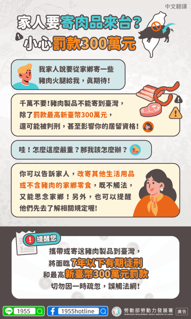 移工宣導｜家人要寄肉品來臺，小心罰款300萬!(防疫)-多國語示意圖