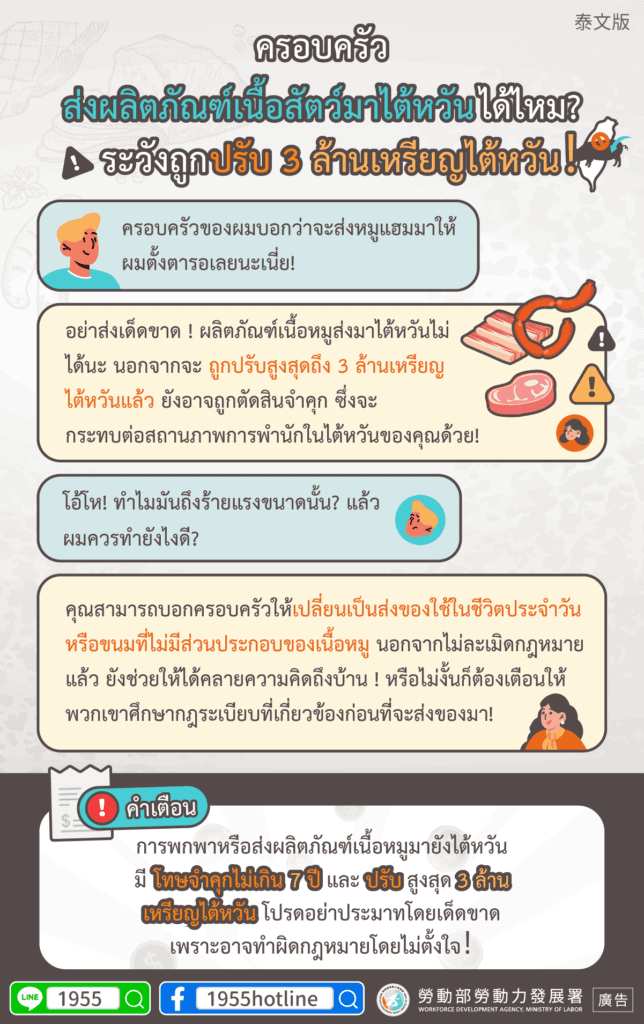 移工宣導｜家人要寄肉品來臺，小心罰款300萬!(防疫)-多國語示意圖