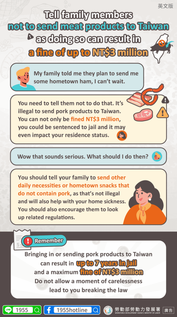 移工宣導｜家人要寄肉品來臺，小心罰款300萬!(防疫)-多國語示意圖