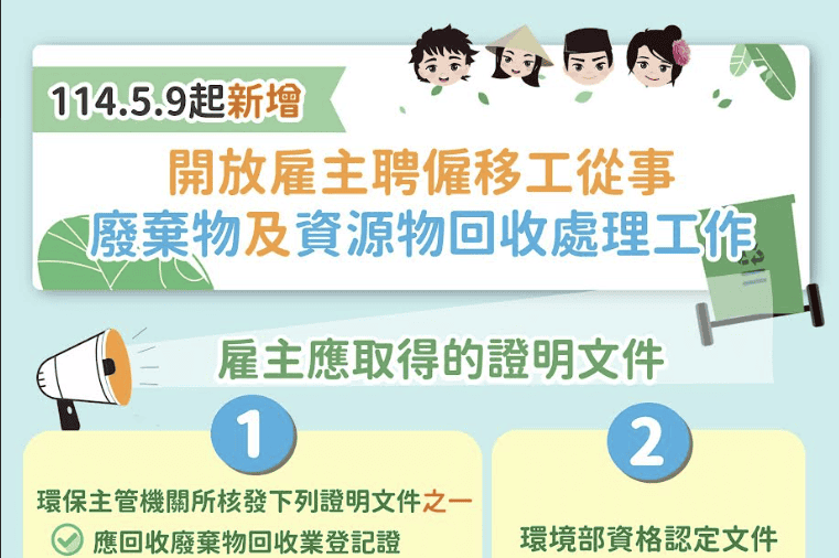 產業移工｜114年5月9日起新增開放雇主聘僱移工從事廢棄物及資源物回收處理工作示意圖