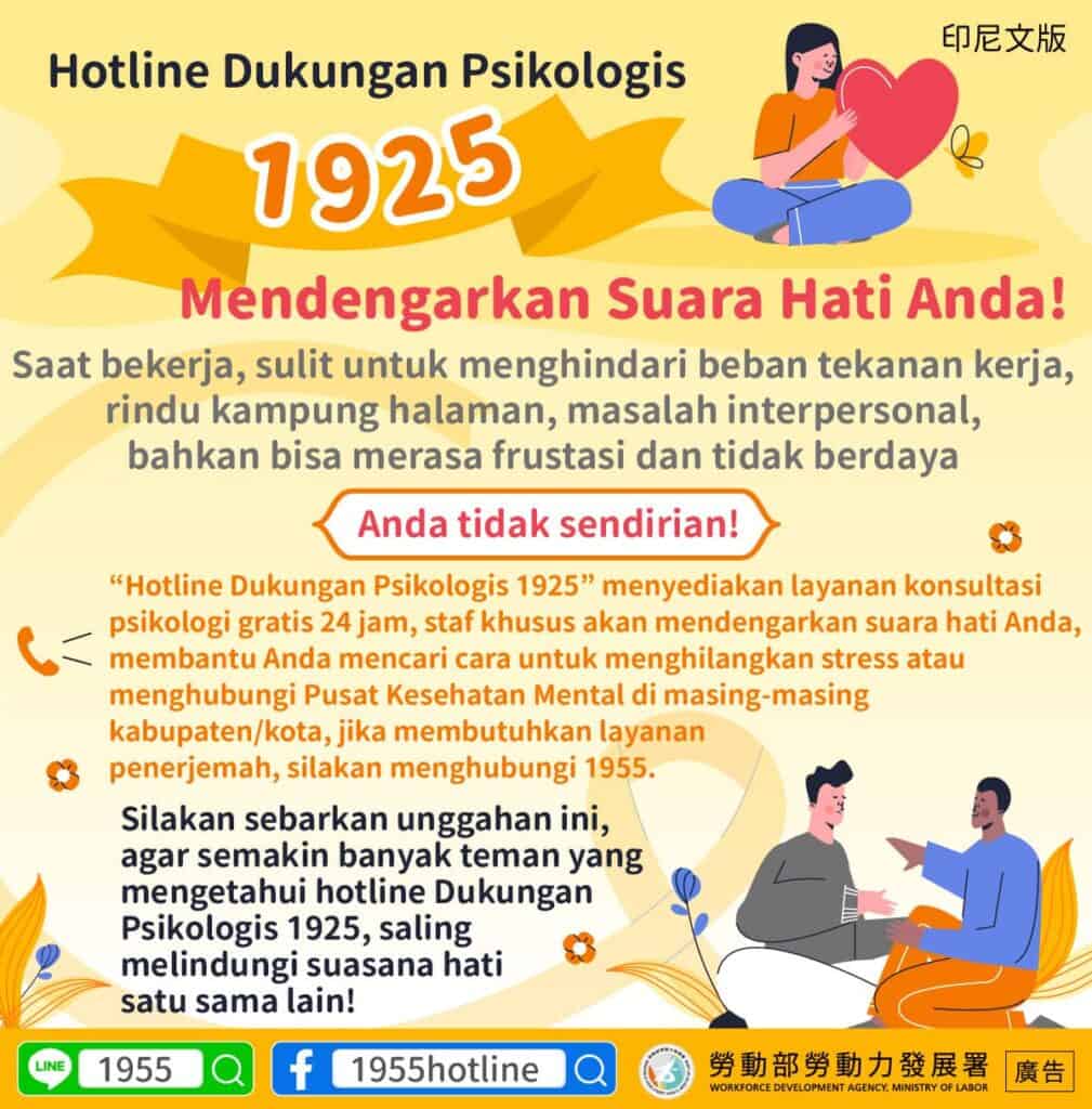 移工宣導｜1925安心專線傾聽你的心聲-(健康)-多國語示意圖