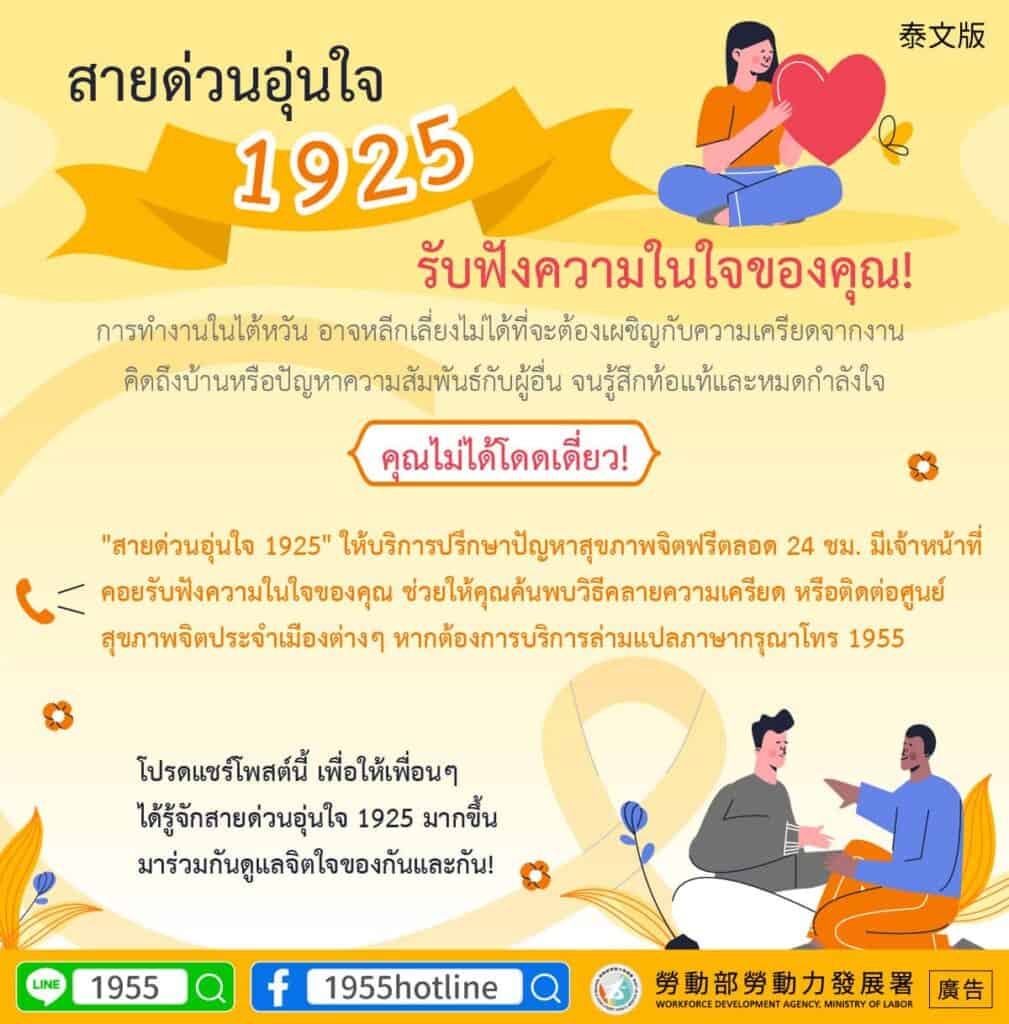 移工宣導｜1925安心專線傾聽你的心聲-(健康)-多國語示意圖