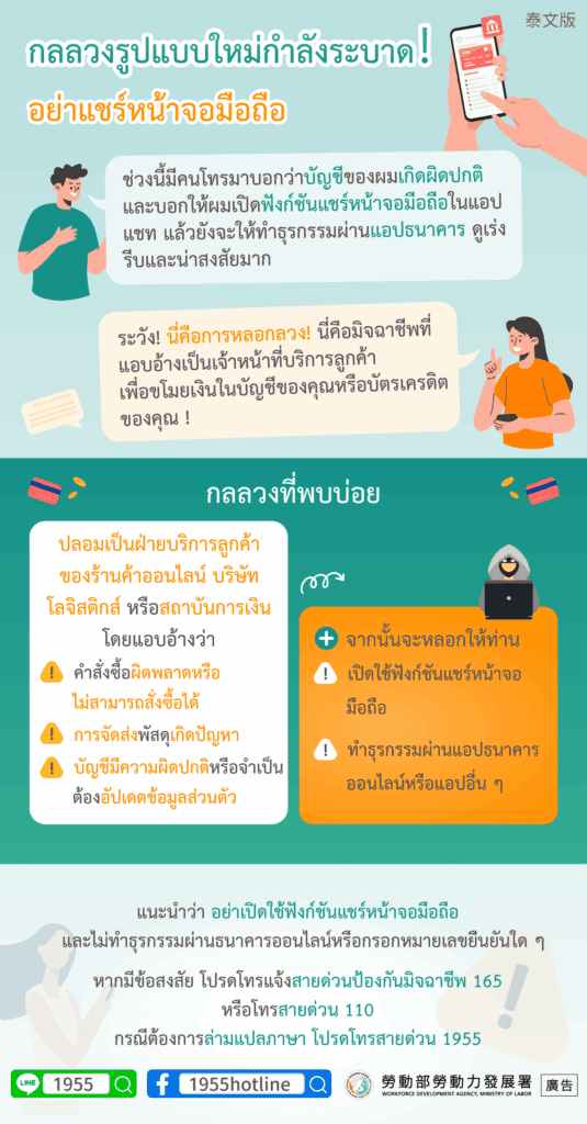 移工宣導｜新型詐騙手法正流行!別分享你的螢幕(詐騙)-多國語示意圖