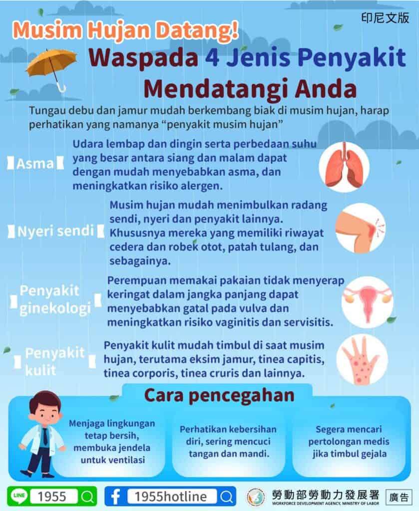 移工宣導｜梅雨季來臨!當心4種疾病找上你(健康)-多國語示意圖