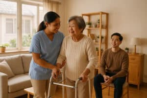 外勞照顧老人家庭溫馨場景, 21世紀全球外勞集團專業服務.