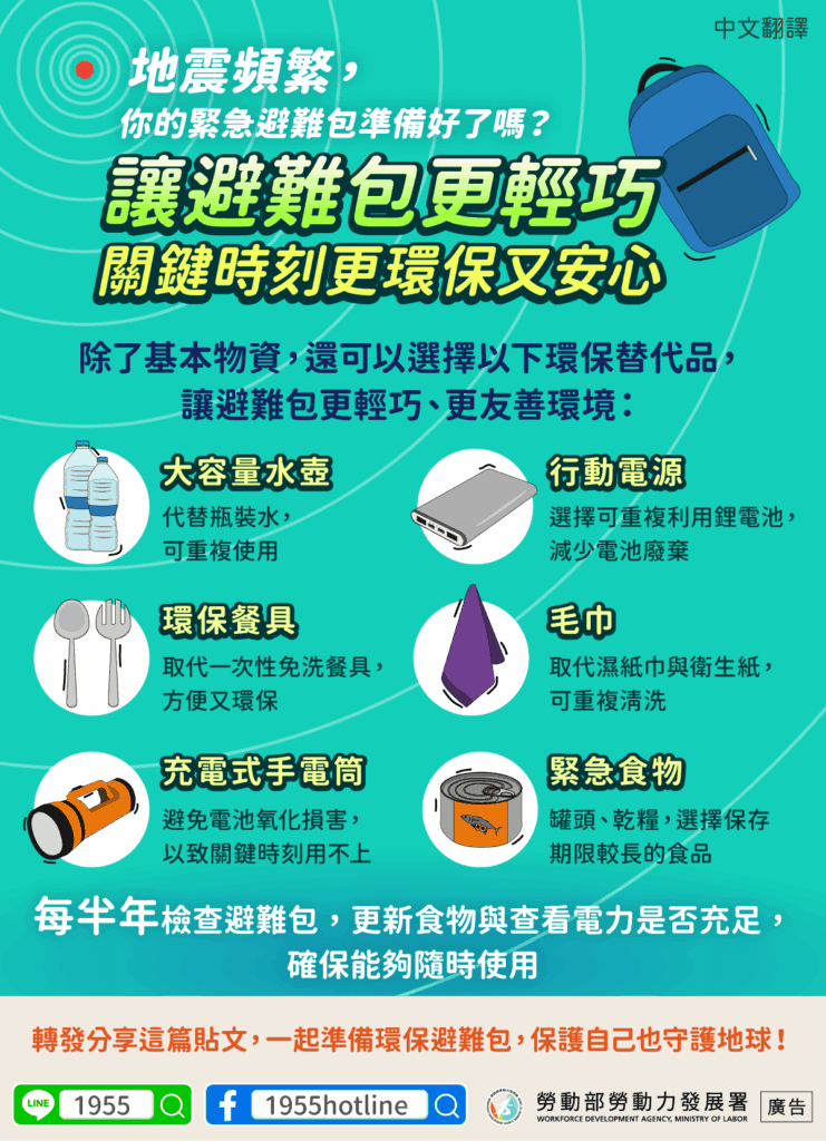 移工宣導｜讓避難包更輕巧，關鍵時刻更環保又安心!(生活)-多國語示意圖