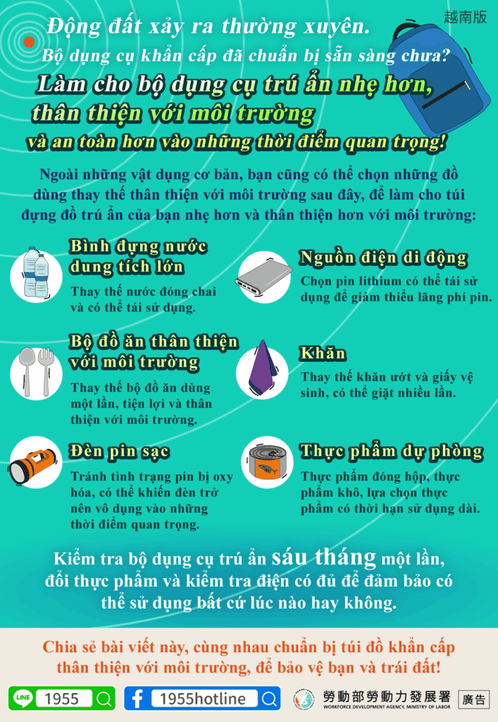 移工宣導｜讓避難包更輕巧，關鍵時刻更環保又安心!(生活)-多國語示意圖