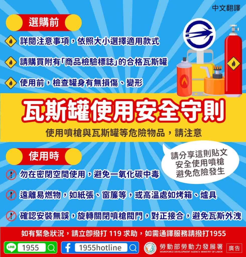 移工宣導｜瓦斯罐使用安全守則(生活)-多國語言示意圖